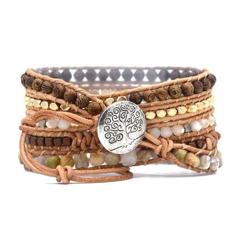Natural Ammonite Fossil, Sunstone and Wood Beaded Wrap Bracelet - Image 3