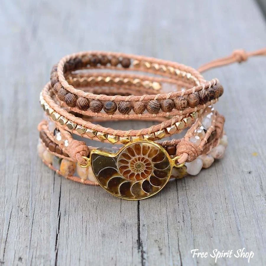 Natural Ammonite Fossil, Sunstone and Wood Beaded Wrap Bracelet - Image 4