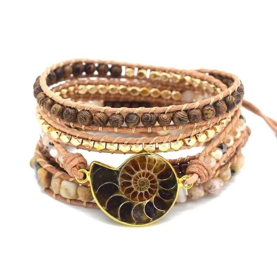 Natural Ammonite Fossil, Sunstone and Wood Beaded Wrap Bracelet - Image 5