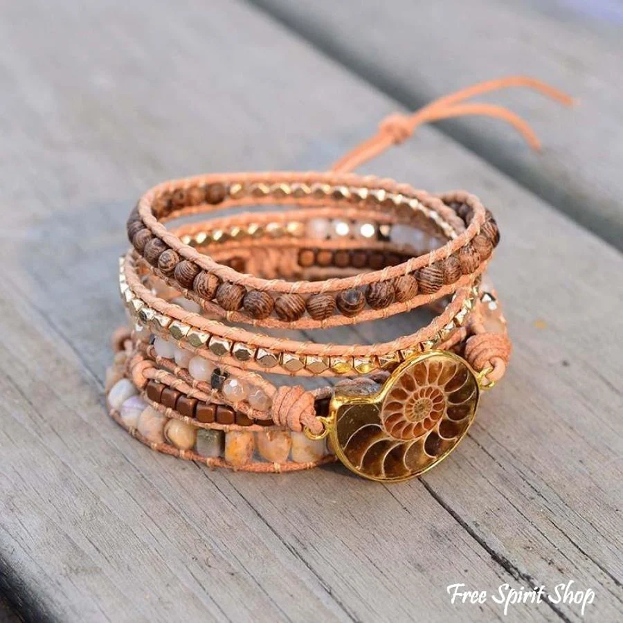 Natural Ammonite Fossil, Sunstone and Wood Beaded Wrap Bracelet - Image 6