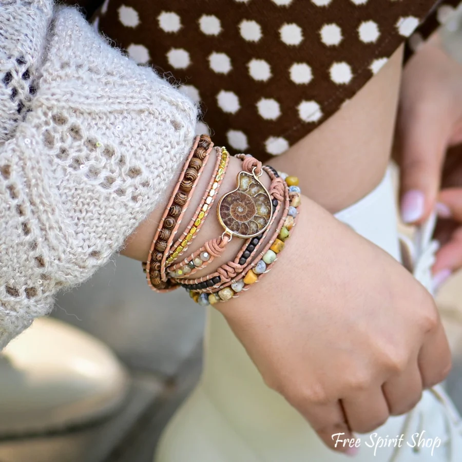 Natural Ammonite Fossil, Sunstone and Wood Beaded Wrap Bracelet - Image 7
