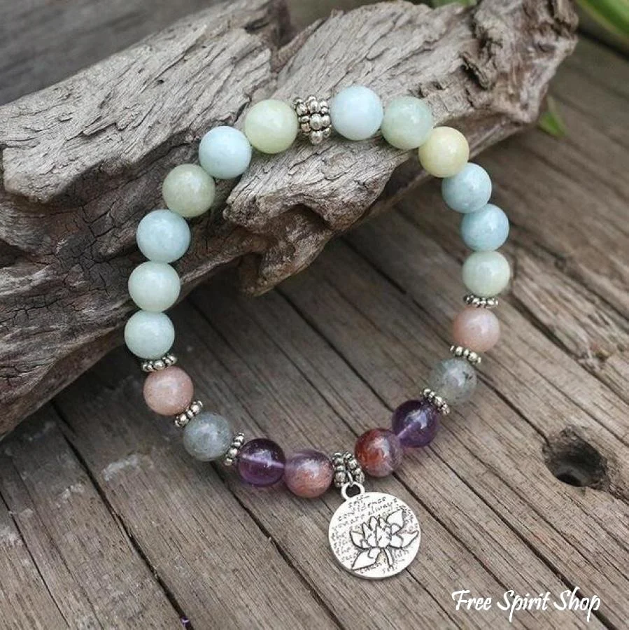 Natural Aquamarine Amethyst Labradorite Lotus Bead Bracelet - Image 6