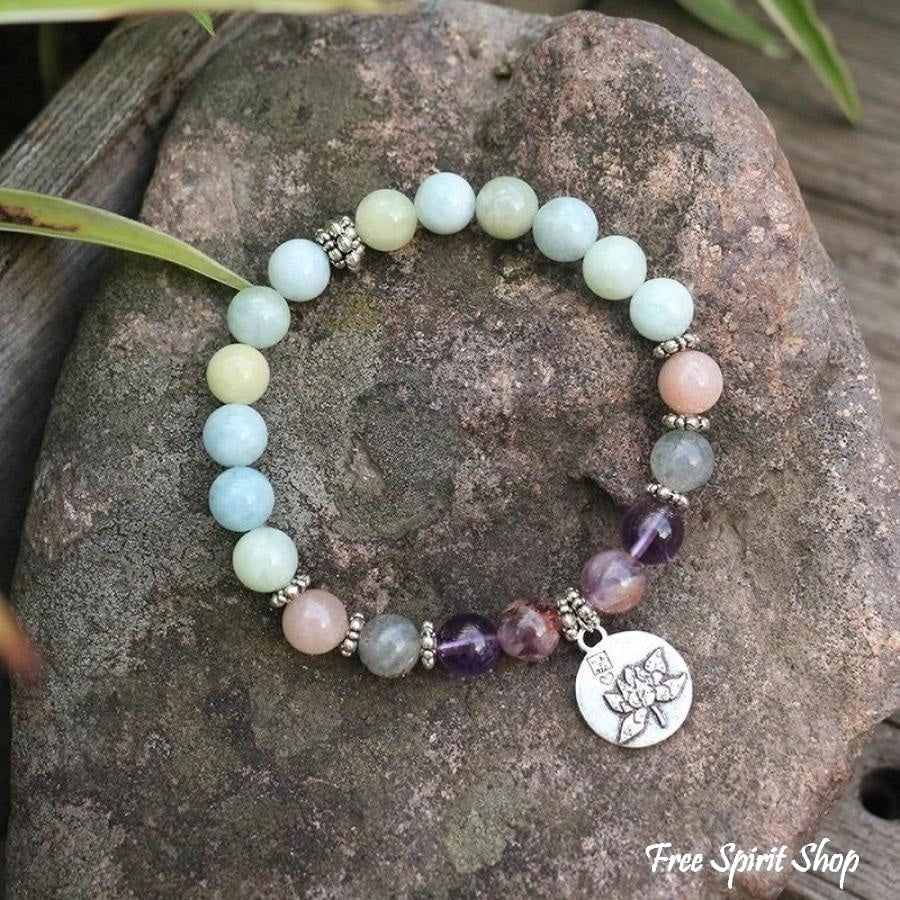 Natural Aquamarine Amethyst Labradorite Lotus Bead Bracelet - Image 8