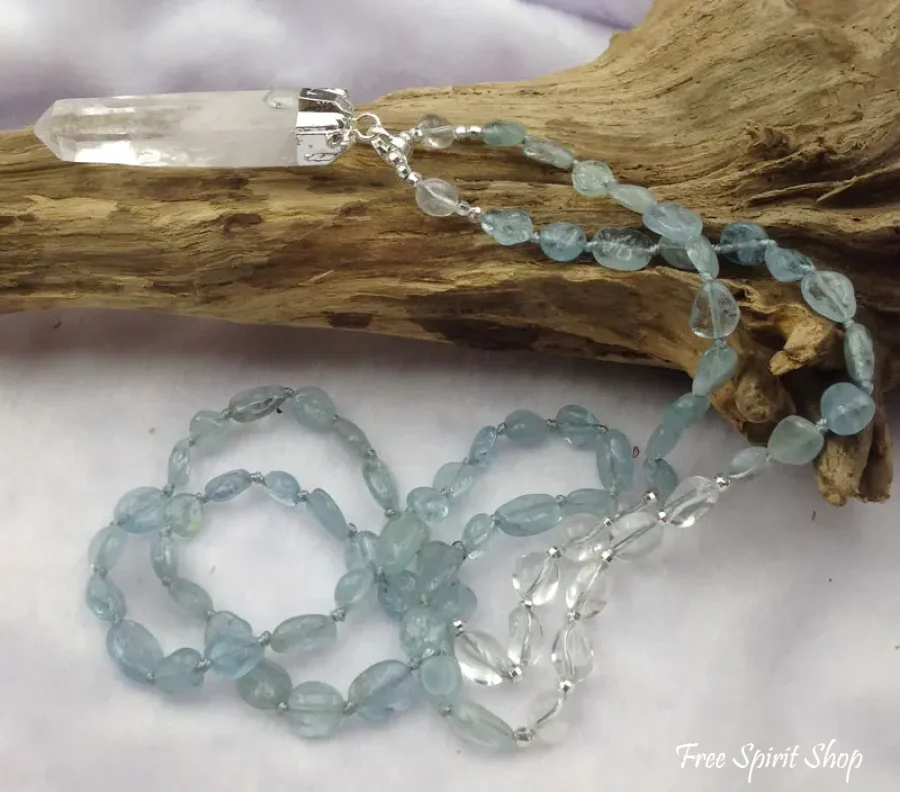 Natural Aquamarine & Clear Quartz Gemstone Necklace - Image 3