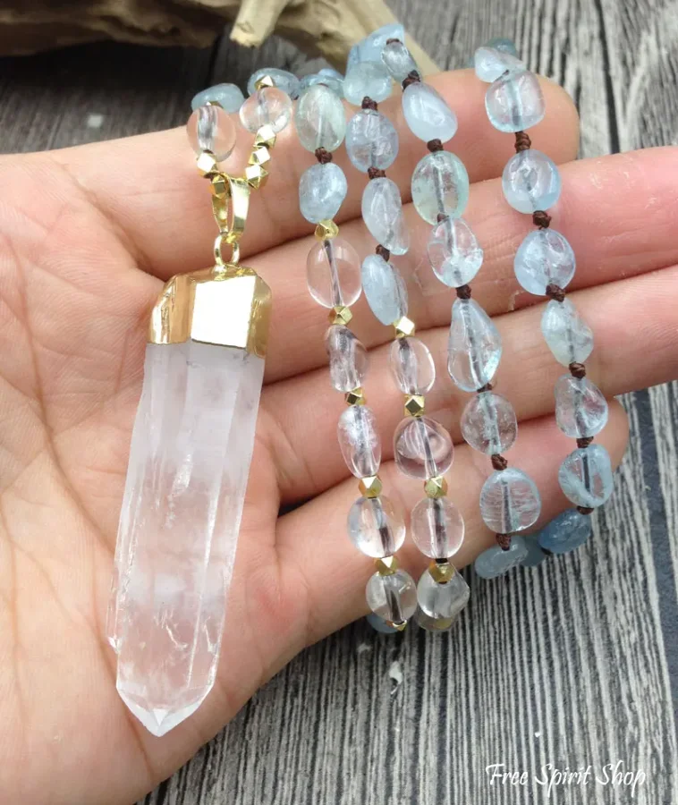Natural Aquamarine & Clear Quartz Gemstone Necklace - Image 5