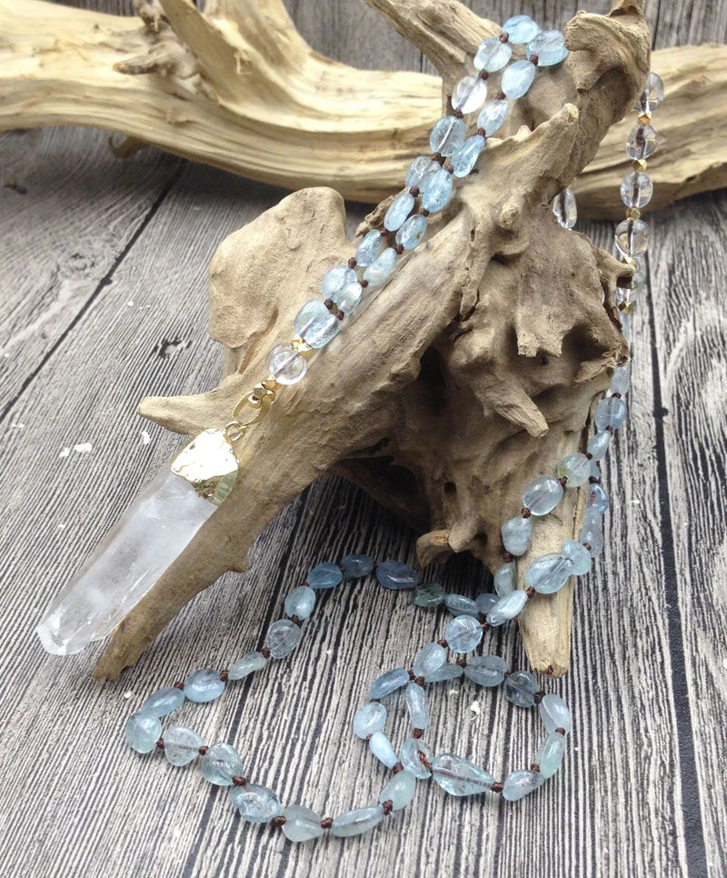 Natural Aquamarine & Clear Quartz Gemstone Necklace - Image 3