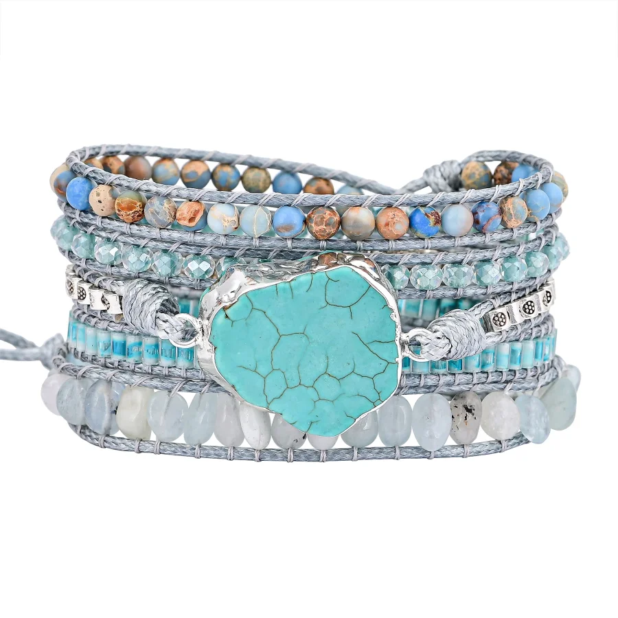Natural Aquamarine & Turquoise Howlite Slice Wrap Bracelet - Image 3