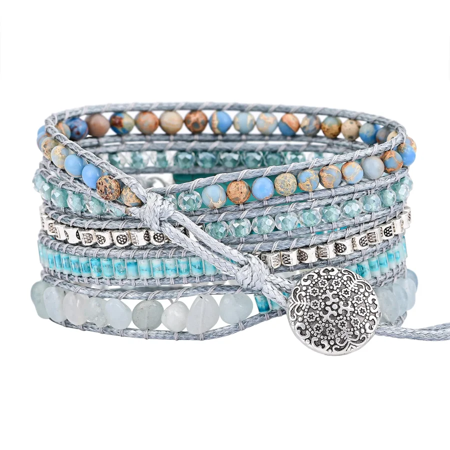 Natural Aquamarine & Turquoise Howlite Slice Wrap Bracelet - Image 5