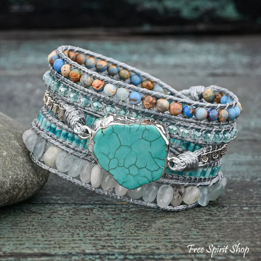 Natural Aquamarine & Turquoise Howlite Slice Wrap Bracelet - Image 6