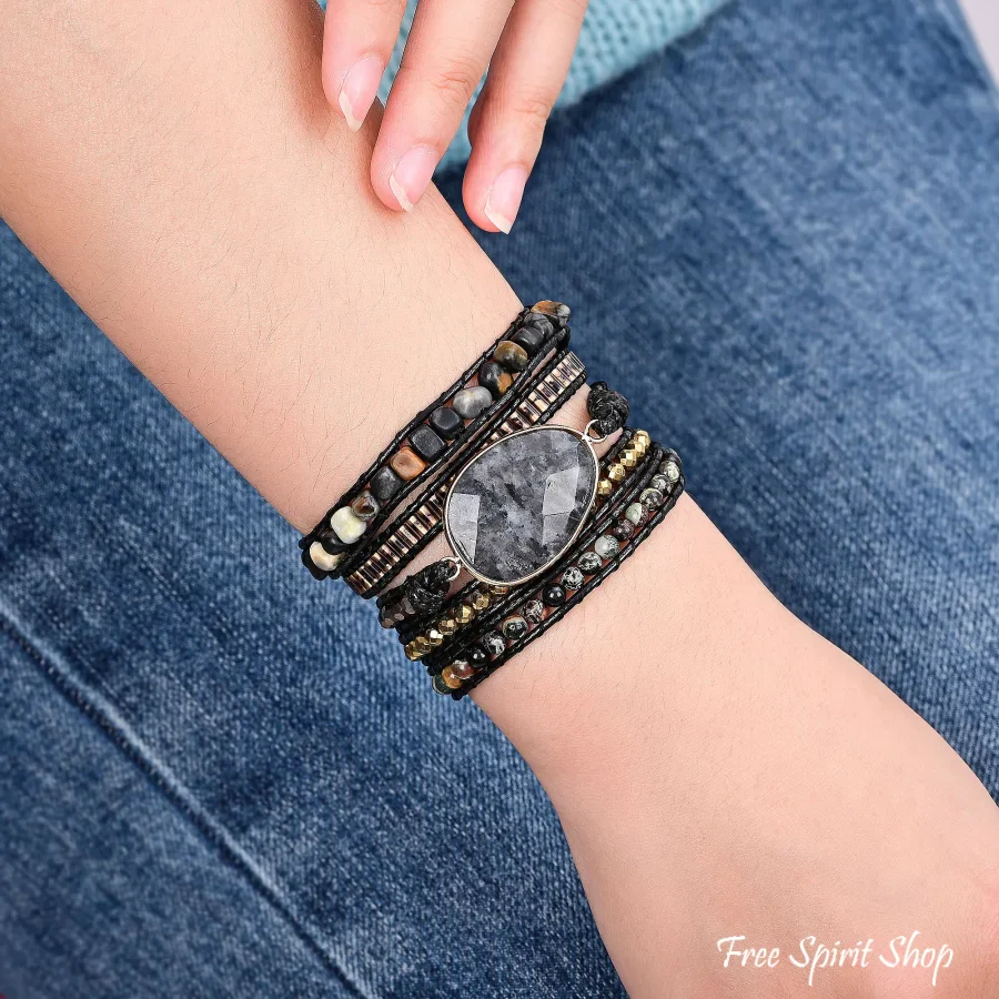 Natural Black Labradorite & Picasso Jasper Beaded Wrap Bracelet - Image 2