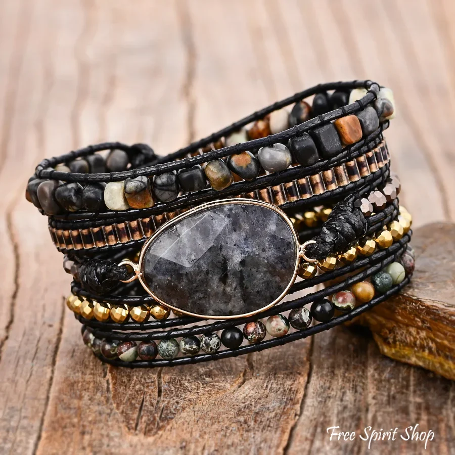 Natural Black Labradorite & Picasso Jasper Beaded Wrap Bracelet - Image 3