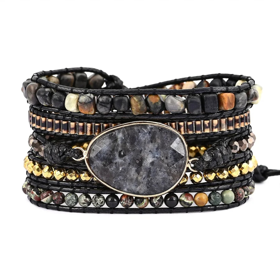 Natural Black Labradorite & Picasso Jasper Beaded Wrap Bracelet - Image 4