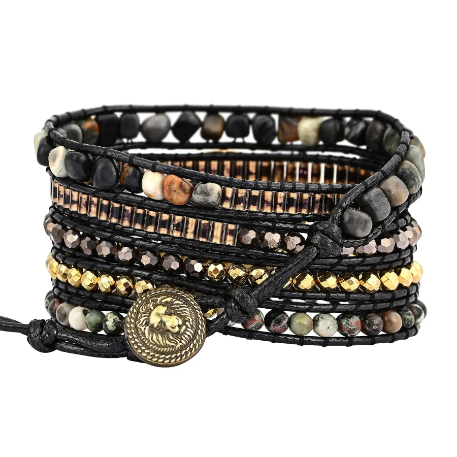 Natural Black Labradorite & Picasso Jasper Beaded Wrap Bracelet - Image 5