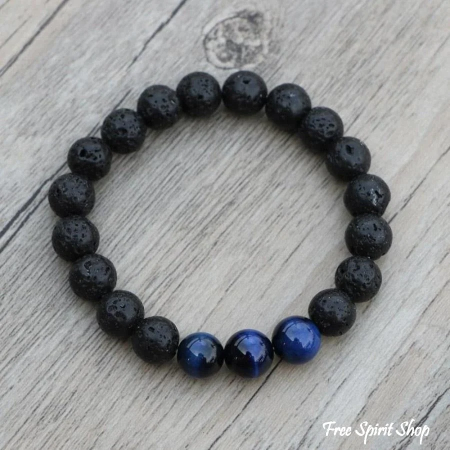 Natural Black Lava Stone & Blue Tiger Eye Beads Bracelet
