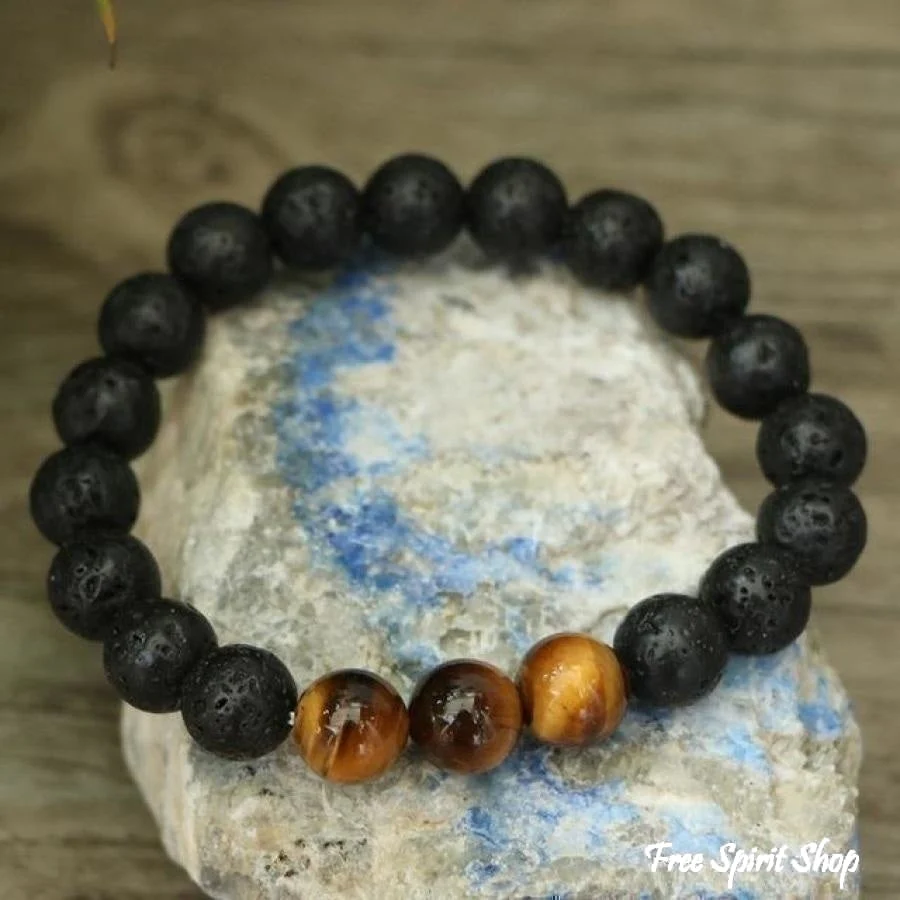 Natural Black Lava Stone & Blue Tiger Eye Beads Bracelet - Image 11