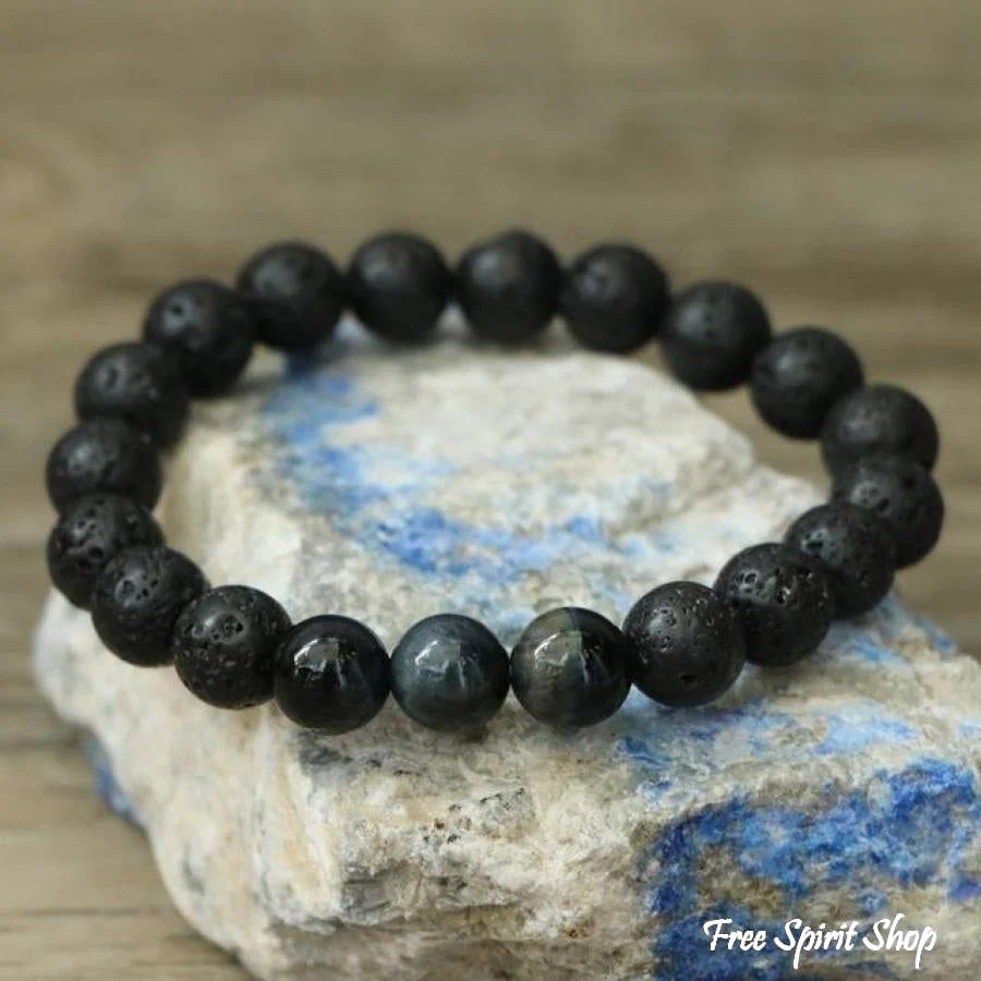 Natural Black Lava Stone & Blue Tiger Eye Beads Bracelet - Image 2