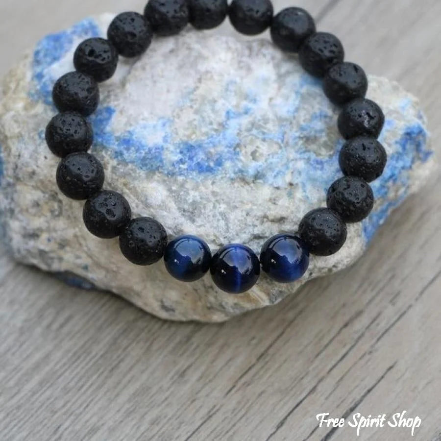 Natural Black Lava Stone & Blue Tiger Eye Beads Bracelet - Image 3