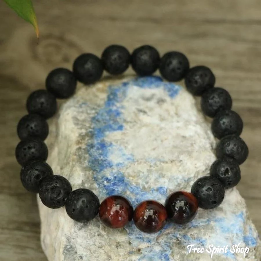 Natural Black Lava Stone & Blue Tiger Eye Beads Bracelet - Image 4