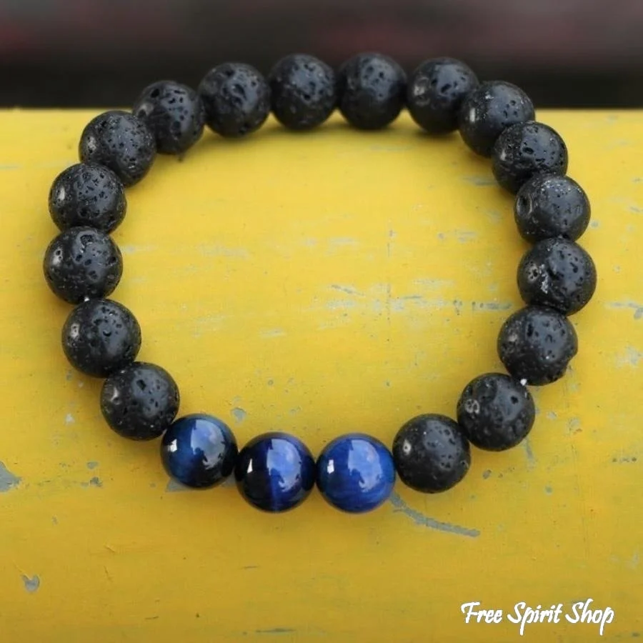 Natural Black Lava Stone & Blue Tiger Eye Beads Bracelet - Image 5