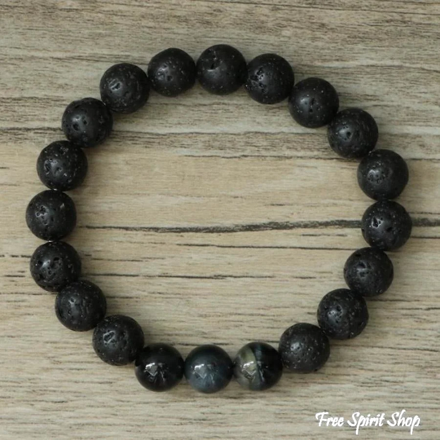 Natural Black Lava Stone & Blue Tiger Eye Beads Bracelet - Image 6