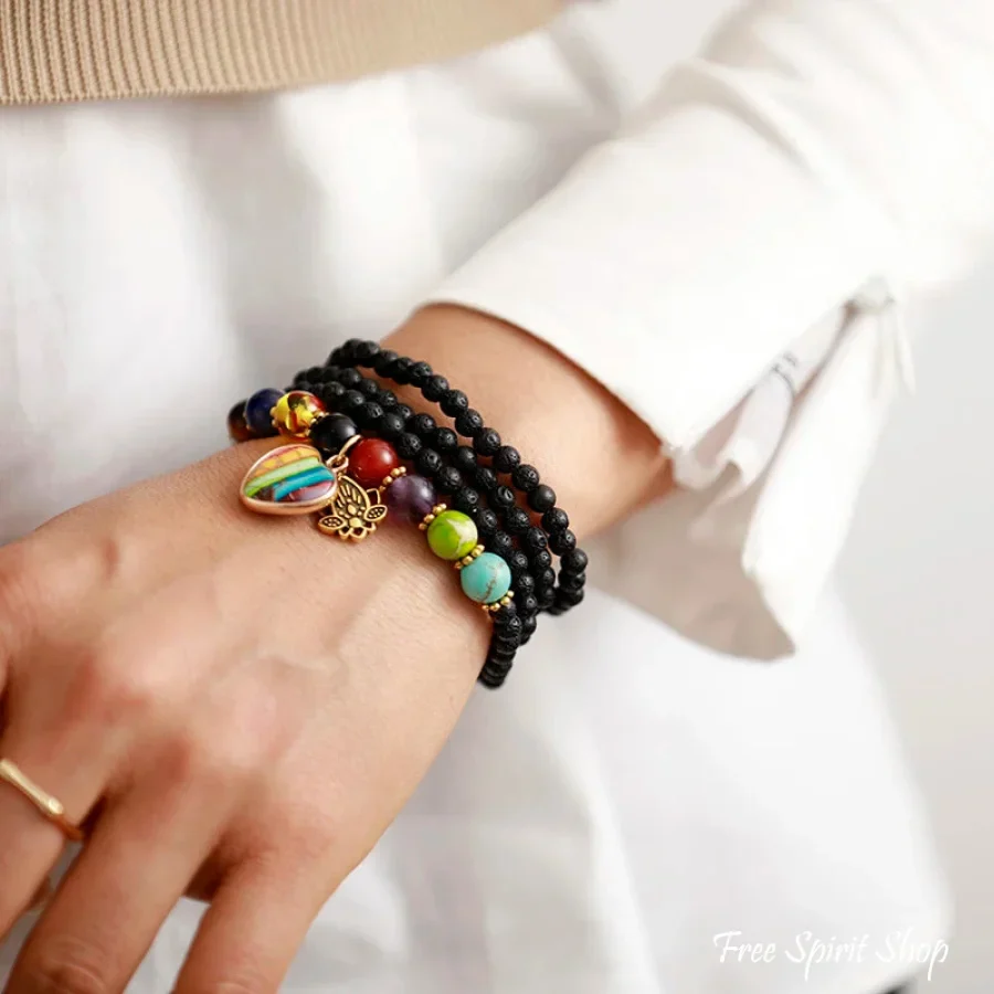 Natural Black Lava Stone & Chakra Heart Bead Bracelet - Image 3