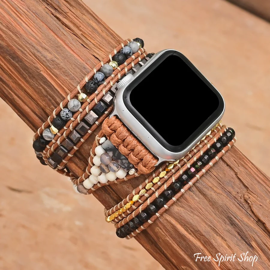 Natural Black Lava Stone Hematite & Snowflake Obsidian Apple Watch Band - Image 2