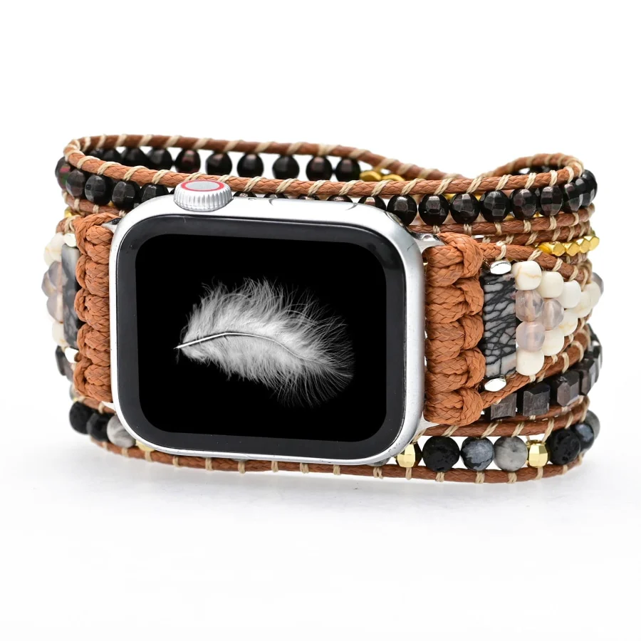 Natural Black Lava Stone Hematite & Snowflake Obsidian Apple Watch Band - Image 5
