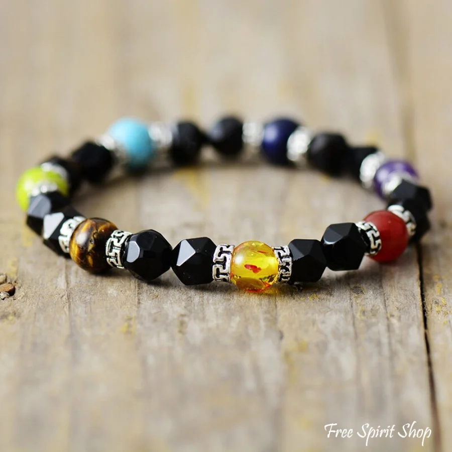 Natural Black Onyx & 7 Chakra Bead Bracelet - Image 2