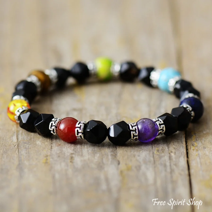 Natural Black Onyx & 7 Chakra Bead Bracelet - Image 3
