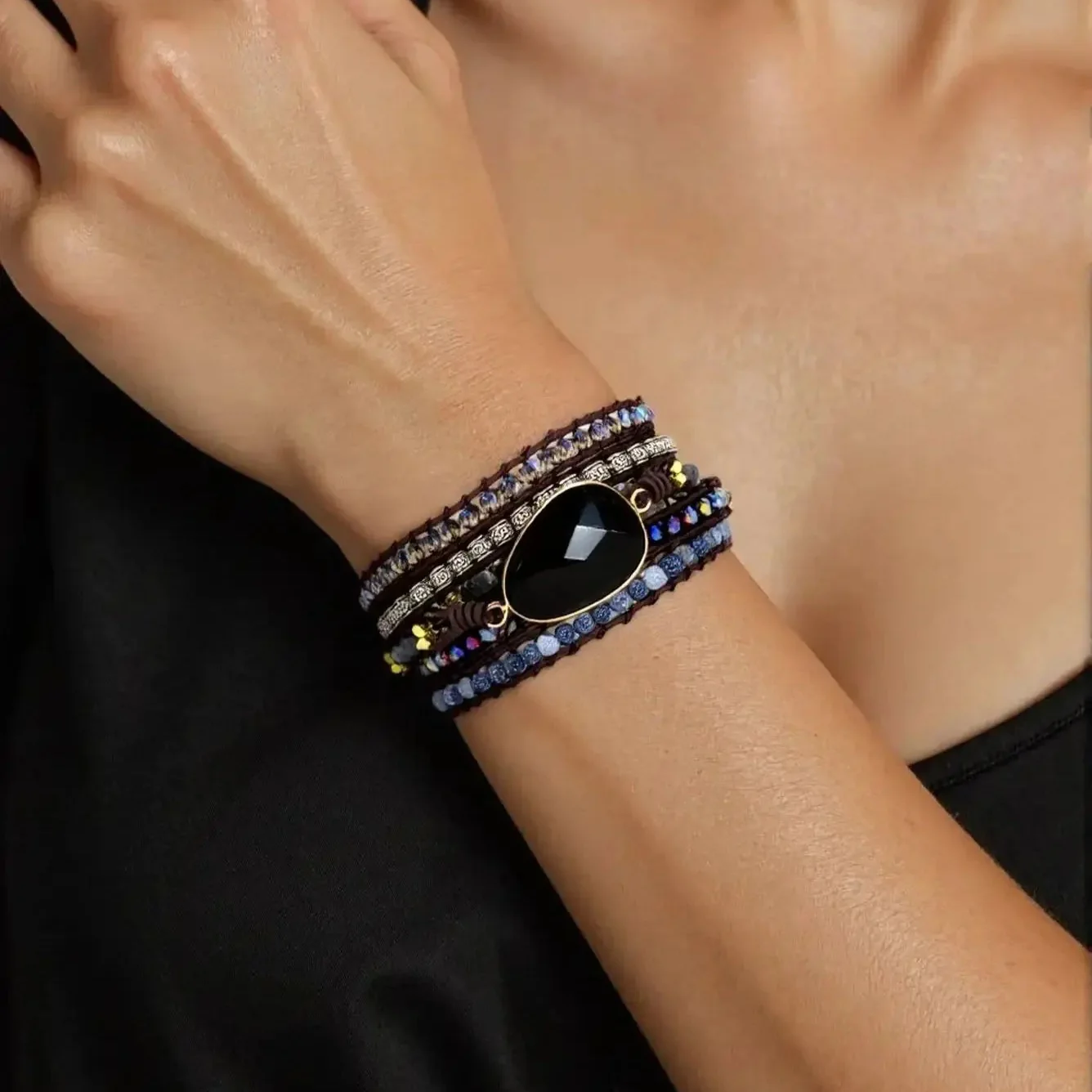 Natural Black Onyx Beaded Wrap Bracelet - Image 2