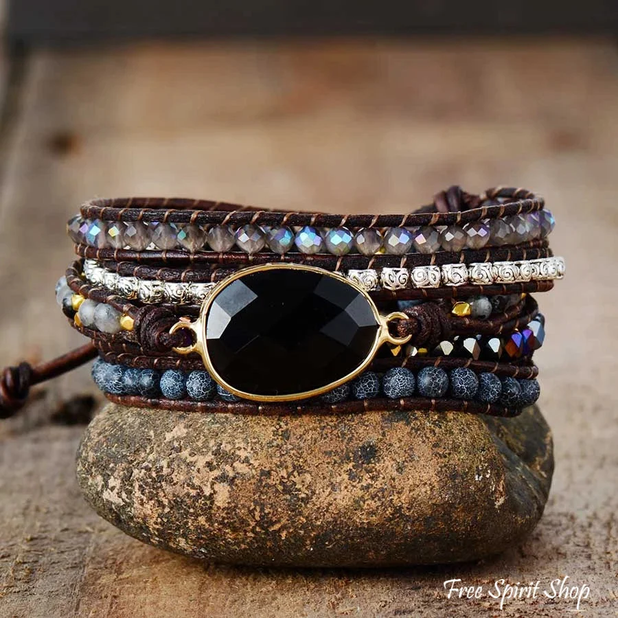 Natural Black Onyx Beaded Wrap Bracelet - Image 3