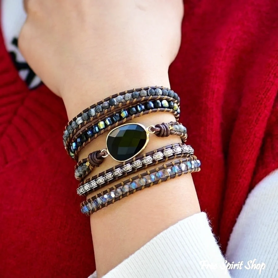 Natural Black Onyx Beaded Wrap Bracelet - Image 4