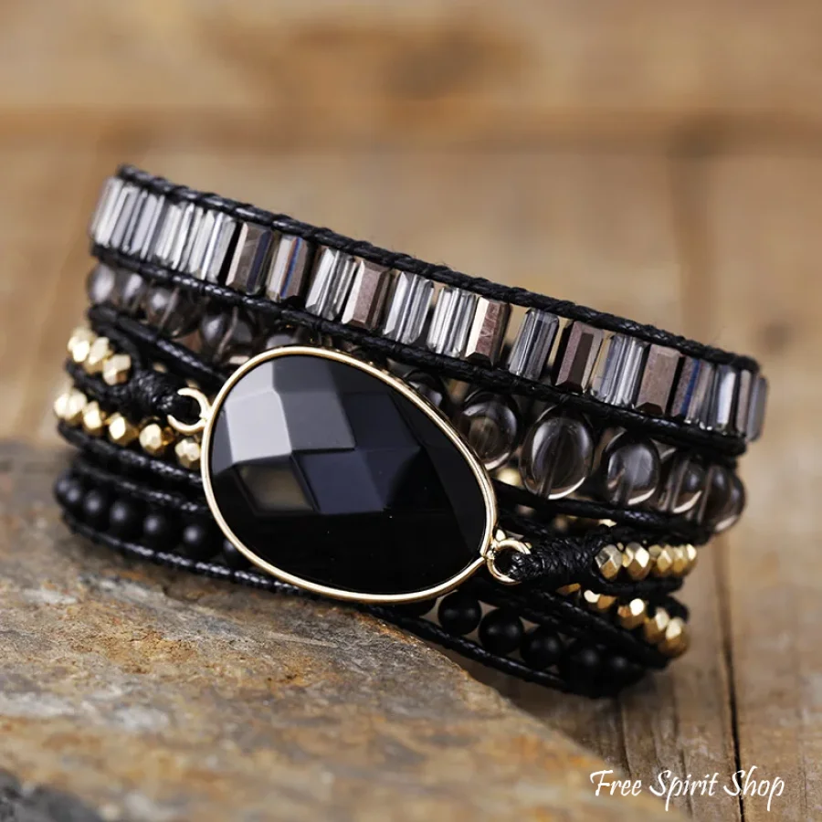 Natural Black Onyx & Gold Beads Wrap Bracelet
