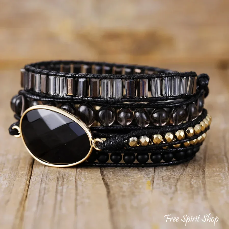 Natural Black Onyx & Gold Beads Wrap Bracelet - Image 3