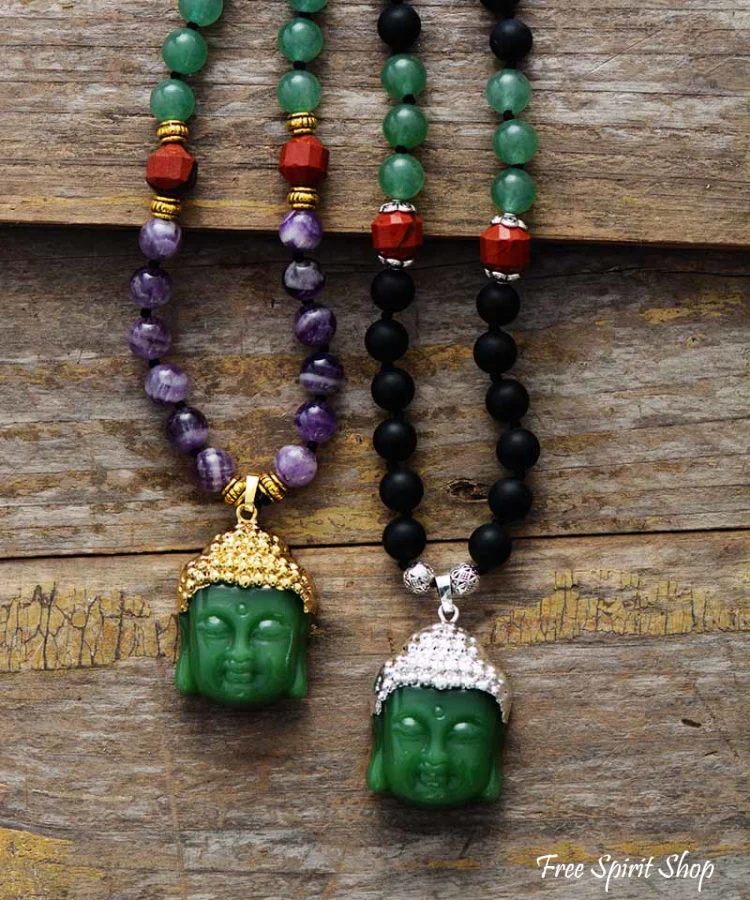 Natural Black Onyx & Green Jade Buddha Pendant Necklace - Image 2