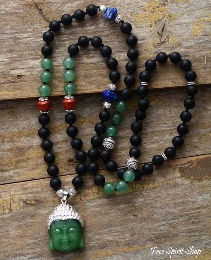 Natural Black Onyx & Green Jade Buddha Pendant Necklace - Image 3