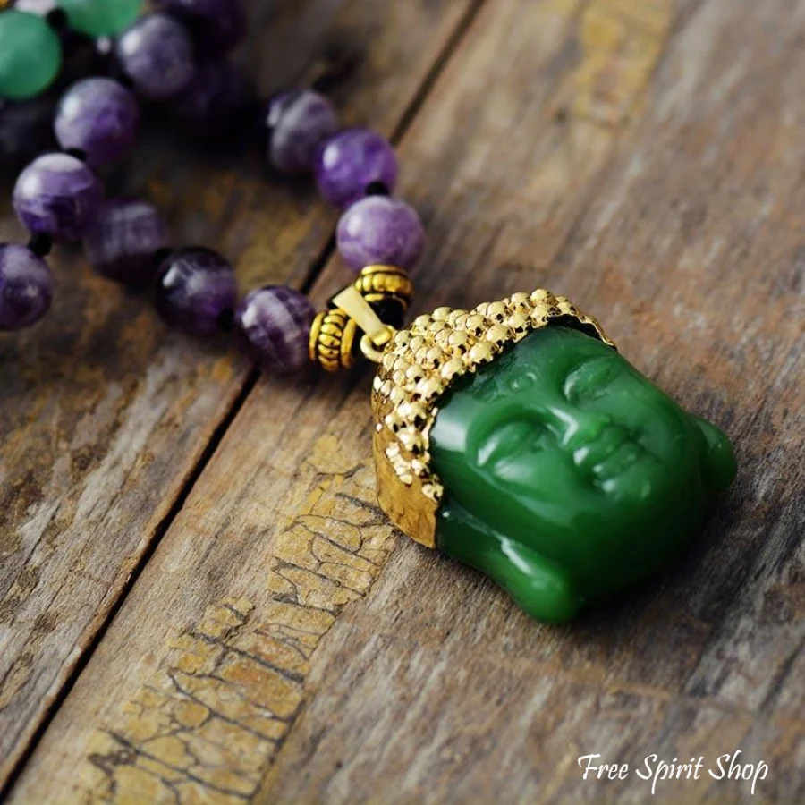 Natural Black Onyx & Green Jade Buddha Pendant Necklace - Image 5