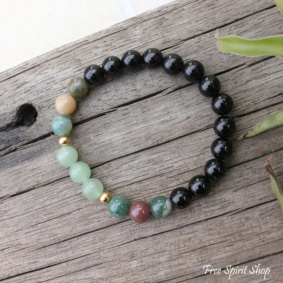 Natural Black Onyx, Indian Agate & Green Aventurine Bead Bracelet - Image 3