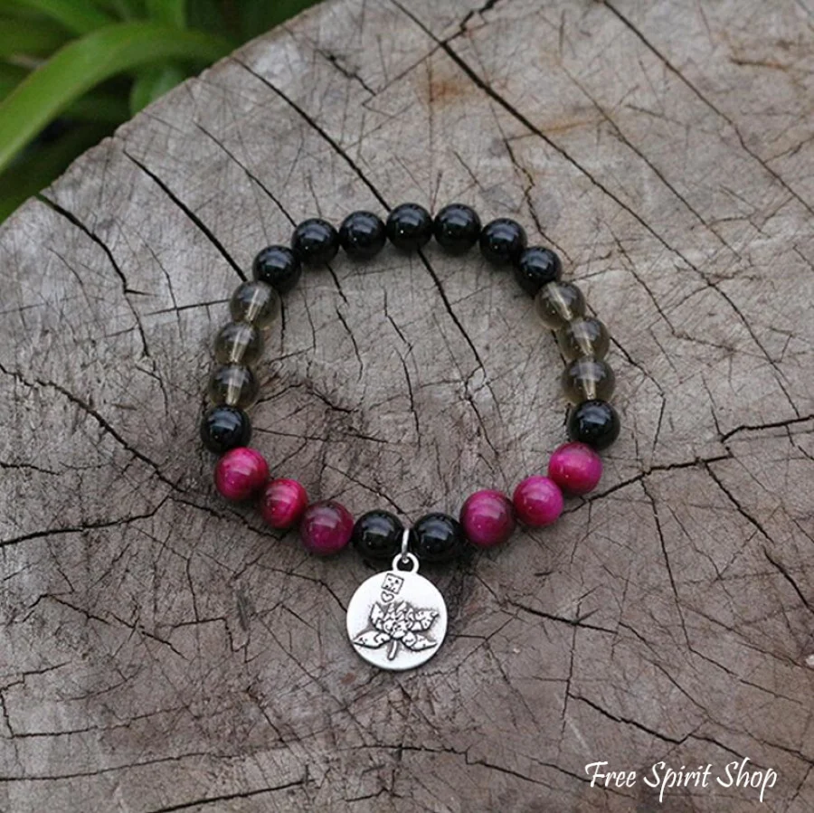 Natural Black Onyx Smokey Quartz & Rose Tiger Eye Bead Bracelet