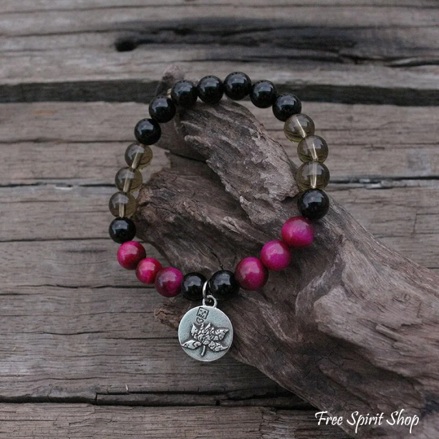Natural Black Onyx Smokey Quartz & Rose Tiger Eye Bead Bracelet - Image 2