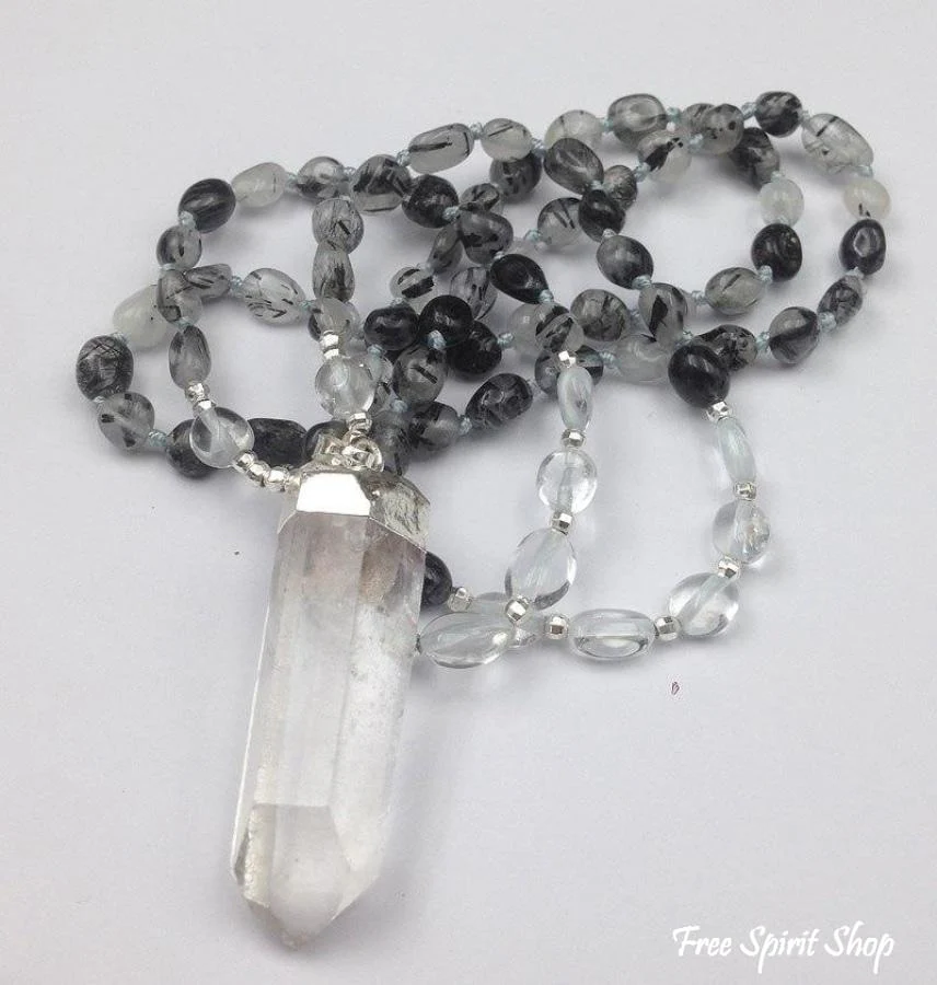 Natural Black Rutilated Quartz & Clear Quartz Mala Bead Necklace - Image 3