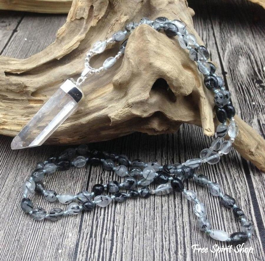 Natural Black Rutilated Quartz & Clear Quartz Mala Bead Necklace - Image 4