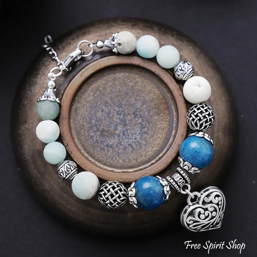 Natural Blue Apatite & Amazonite Heart Charm Bracelet - Image 4