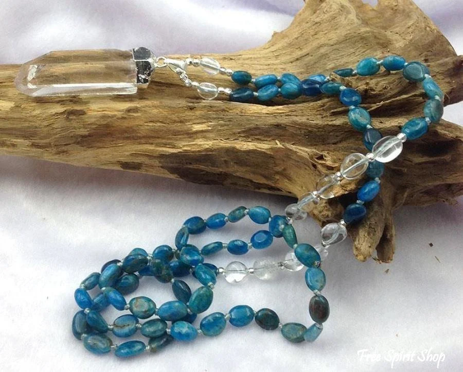 Natural Blue Apatite & Clear Quartz Crystal Necklace - Image 3