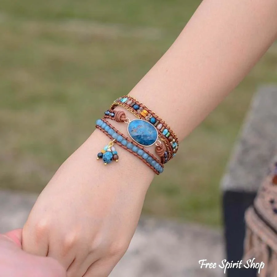 Natural Blue Apatite Gemstone Wrap Bracelet - Image 4