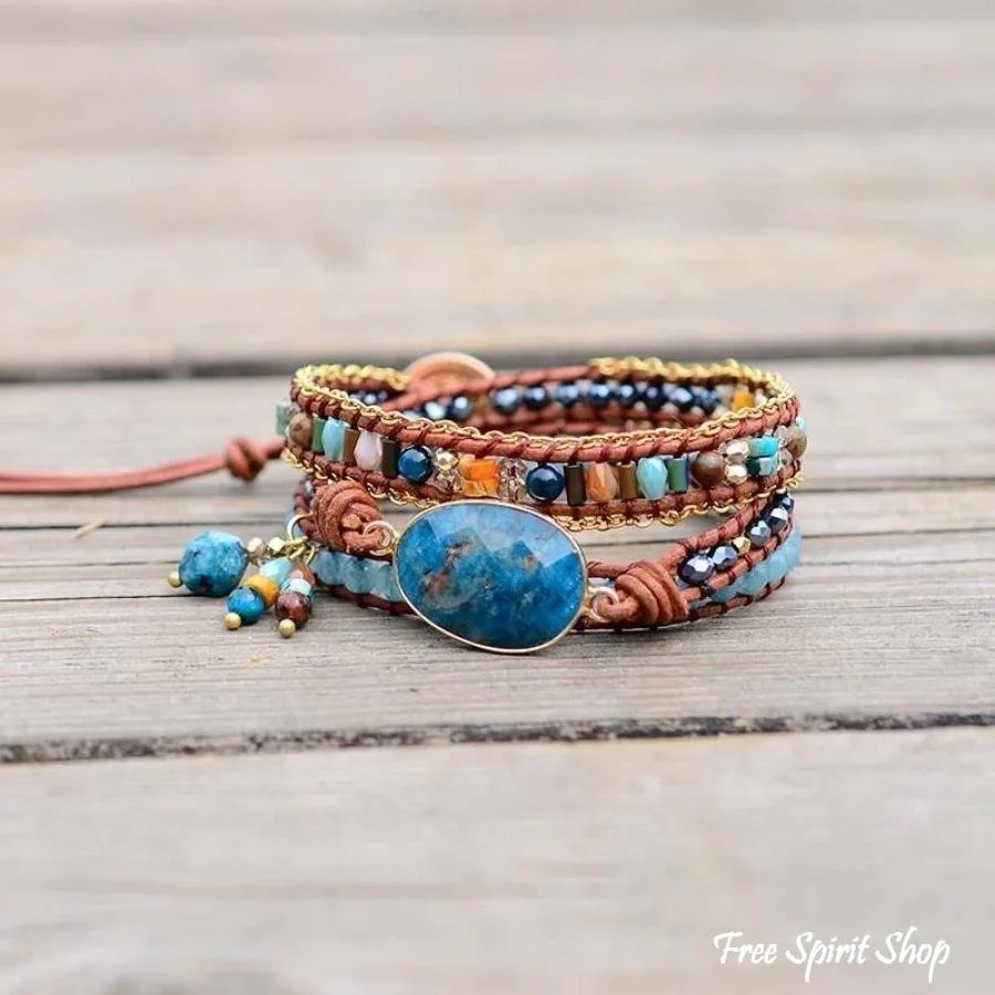 Natural Blue Apatite Gemstone Wrap Bracelet - Image 7