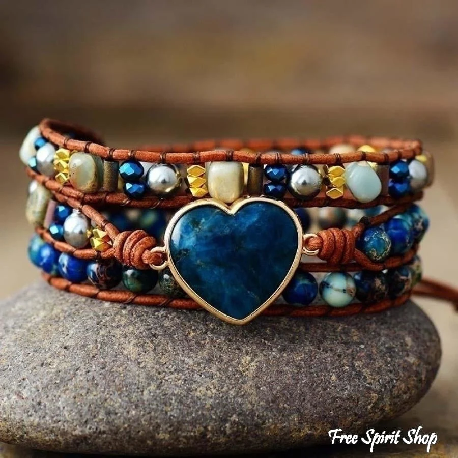 Natural Blue Apatite Heart Wrap Bracelet - Image 3