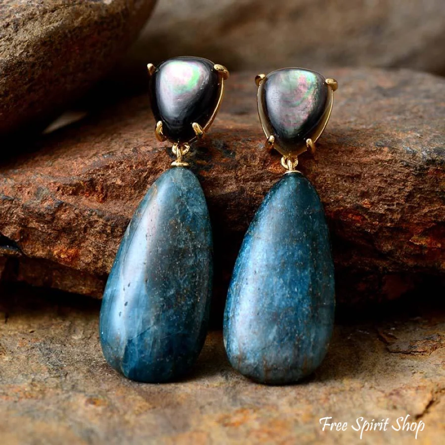 Natural Blue Apatite & Shell Drop Earrings - Image 3