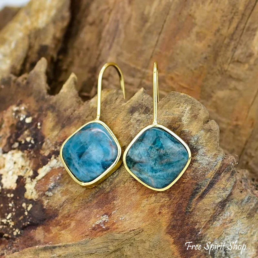 Natural Blue Apatite Stone Losange Earrings