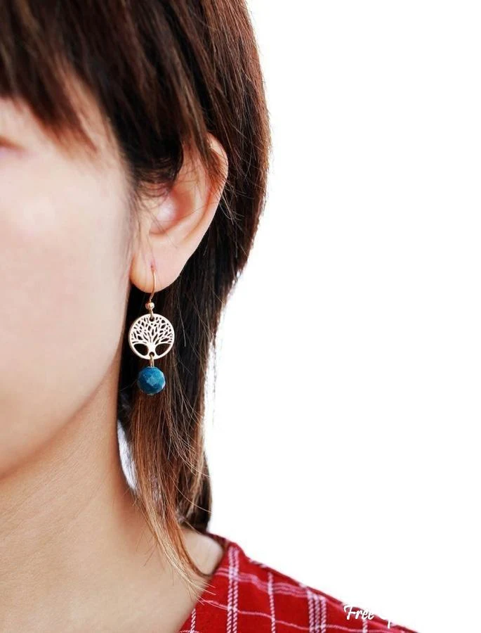 Natural Blue Apatite & Tree Of Life Earrings - Image 3